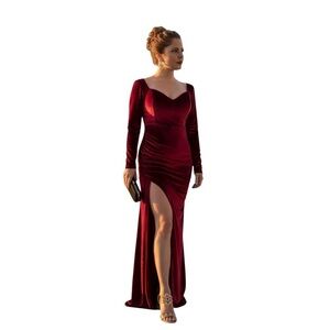 Burgundy Luxe Formal Dress Long Sleeve Slit | Medium